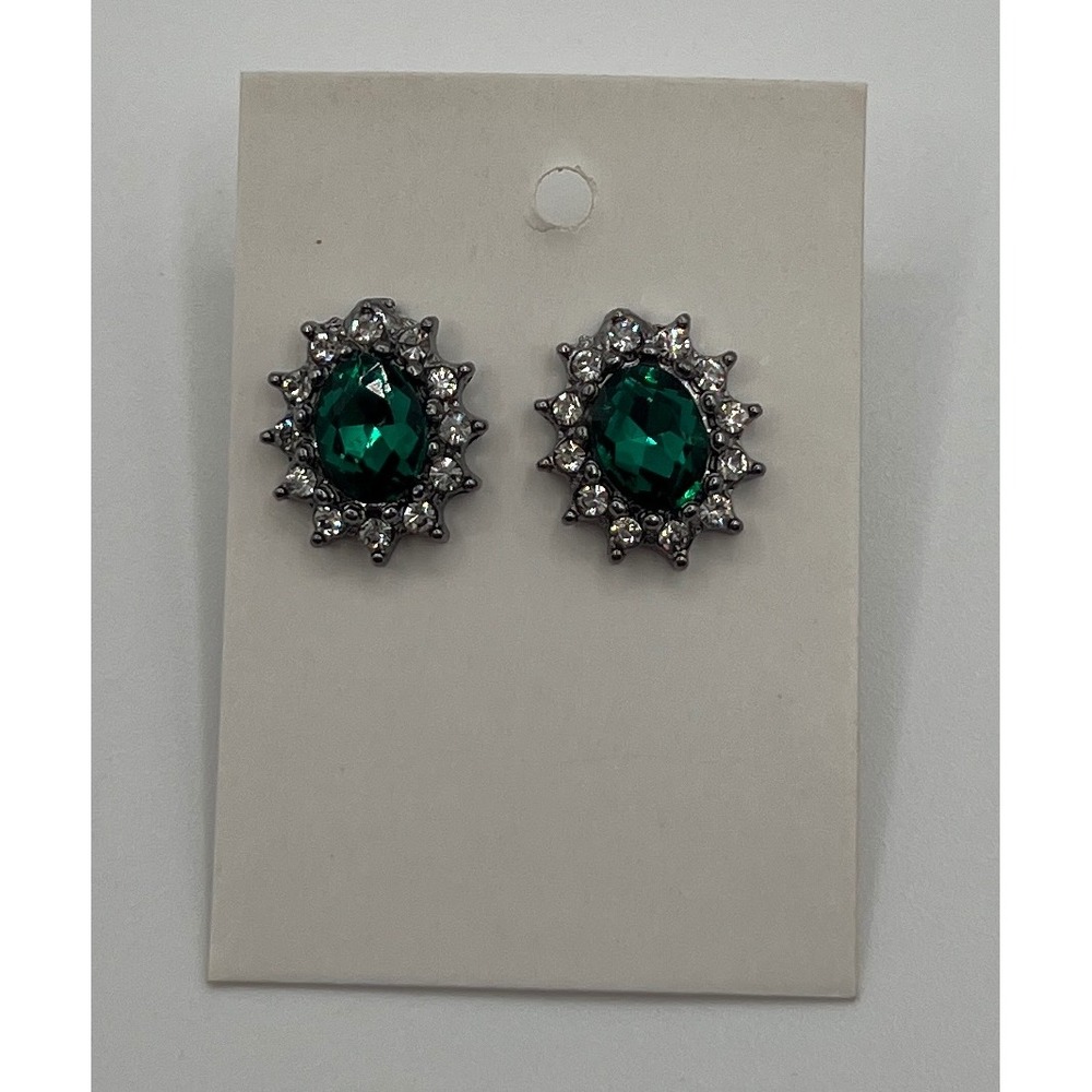 Emerald Green Crystal Starburst Stud Earrings Gunmetal Tone Rhinestone Halo